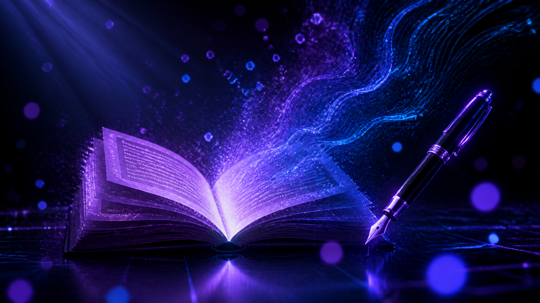 Libro abierto luminoso con pluma y partículas de luz neón violeta y azul