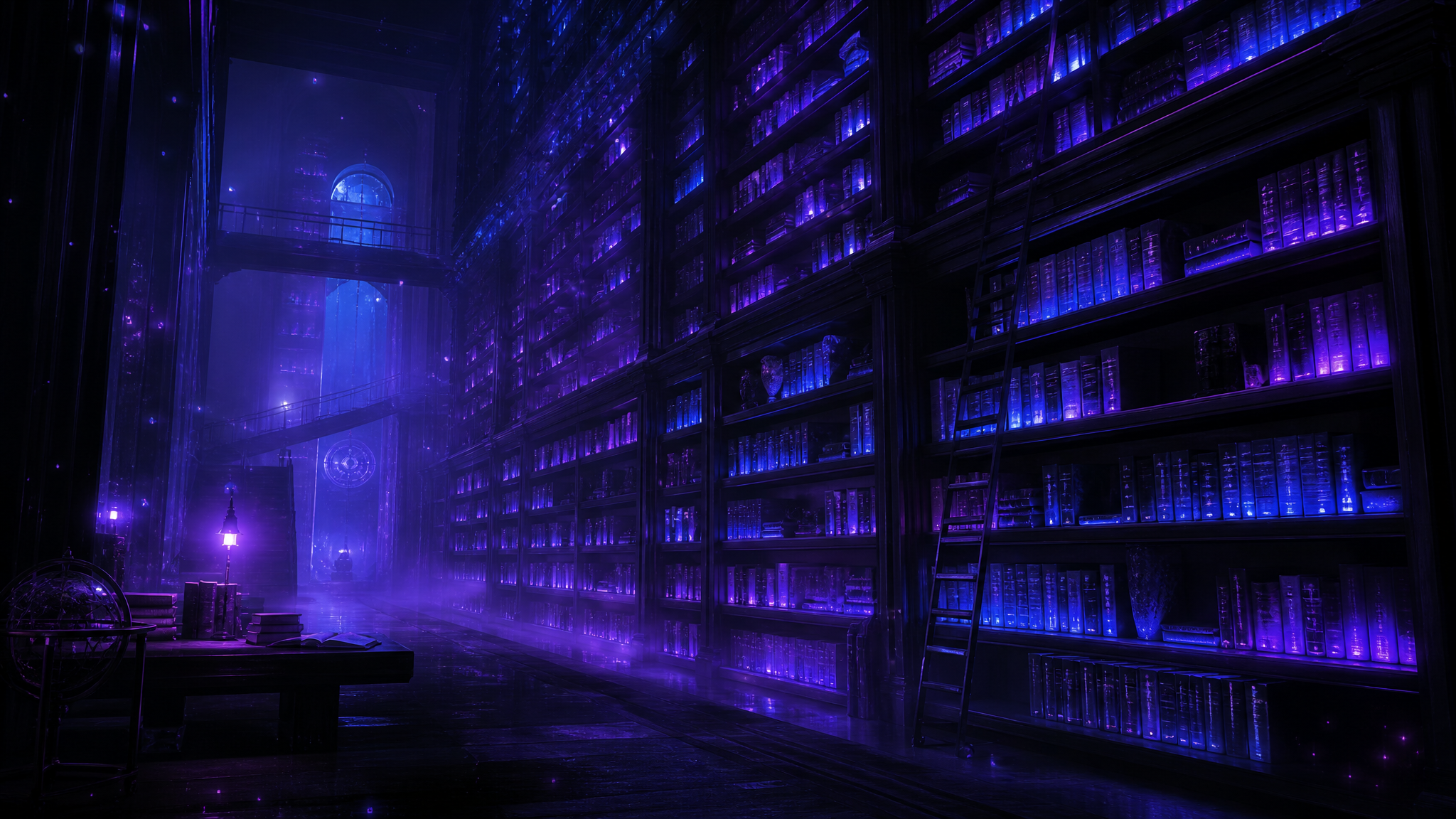 Biblioteca con iluminación neón violeta y azul